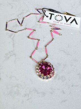 Tova Enamel and gold mixed chain featuring a vibrant magenta Crystal pendant